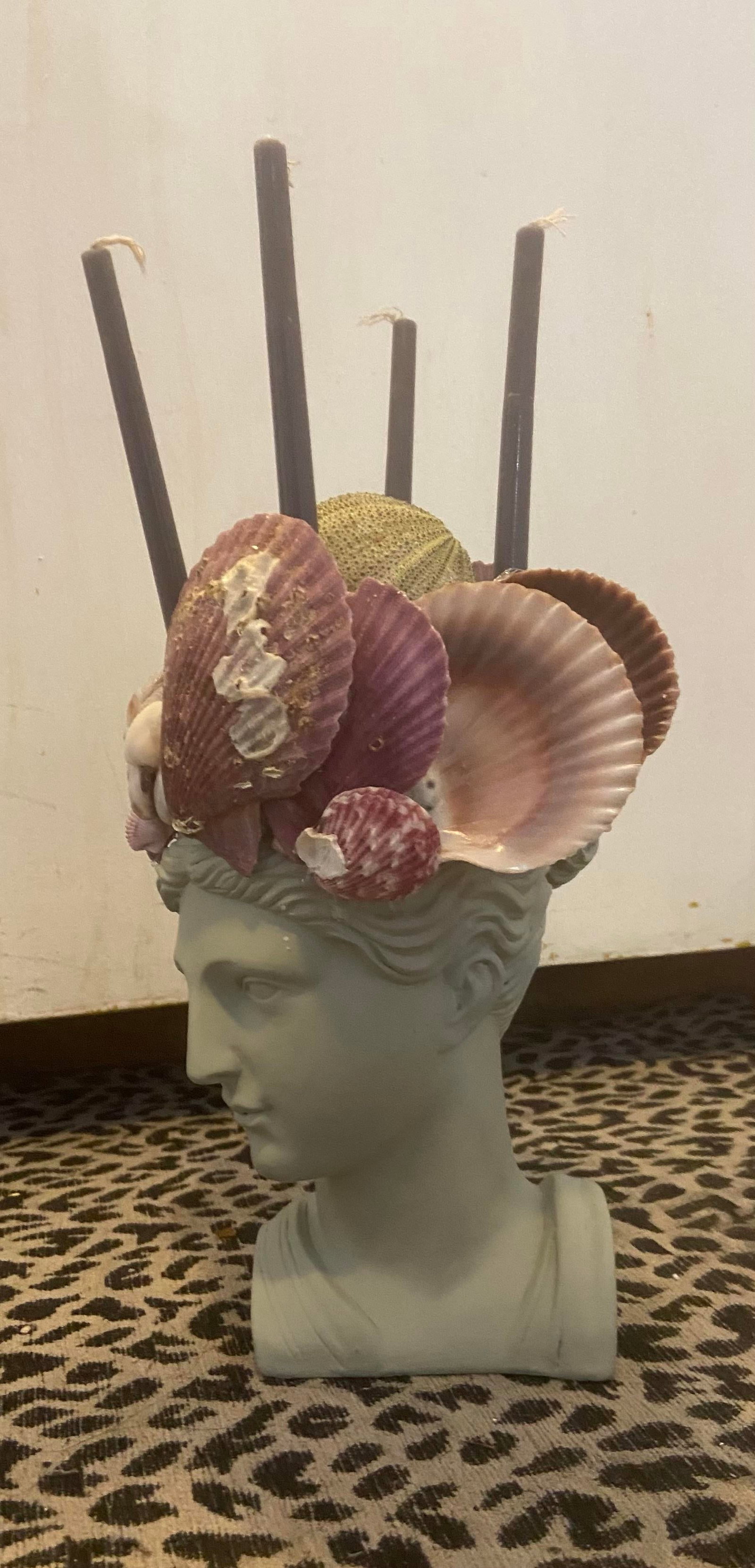 Shell-Encrusted Bust in Farrow & Ball "Blue Gray" With Candle Holders - 7