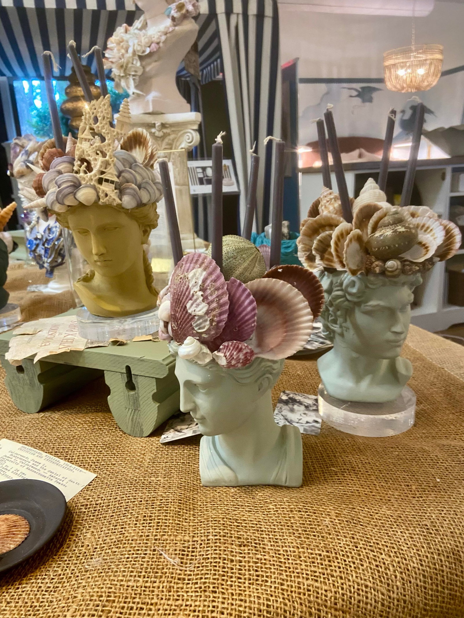 Shell-Encrusted Bust in Farrow & Ball "Blue Gray" With Candle Holders - 8