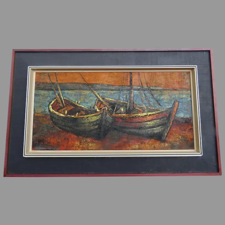 Mid 20th Century "Boats" Nautical Oil Painting, Framed - 13