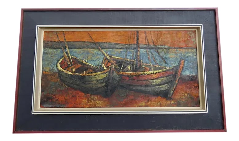 Mid 20th Century "Boats" Nautical Oil Painting, Framed: Mid century painting of boats on the shore.Signed H. Sauter.Measures site 32" by 16 1/2".Framed 41" by 25". Condition: Alterations: Unknown Imperfections: Some Imperfections Condition Notes: good cond
