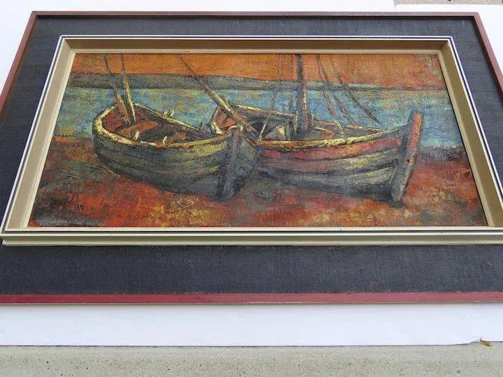 Mid 20th Century "Boats" Nautical Oil Painting, Framed - 8