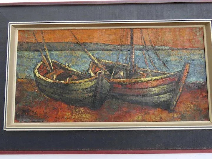 Mid 20th Century "Boats" Nautical Oil Painting, Framed - 9