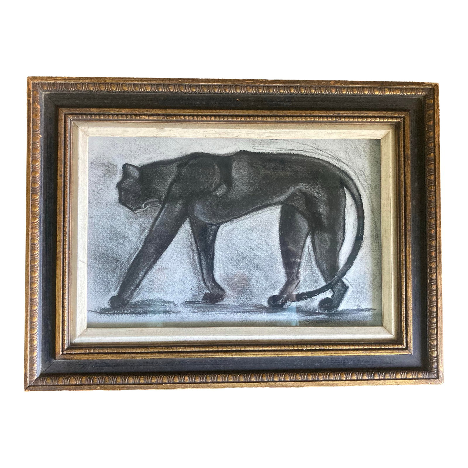 Folk Art Style Original Framed and Signed Charcoal Drawing of a Black Cat (1 of 6)