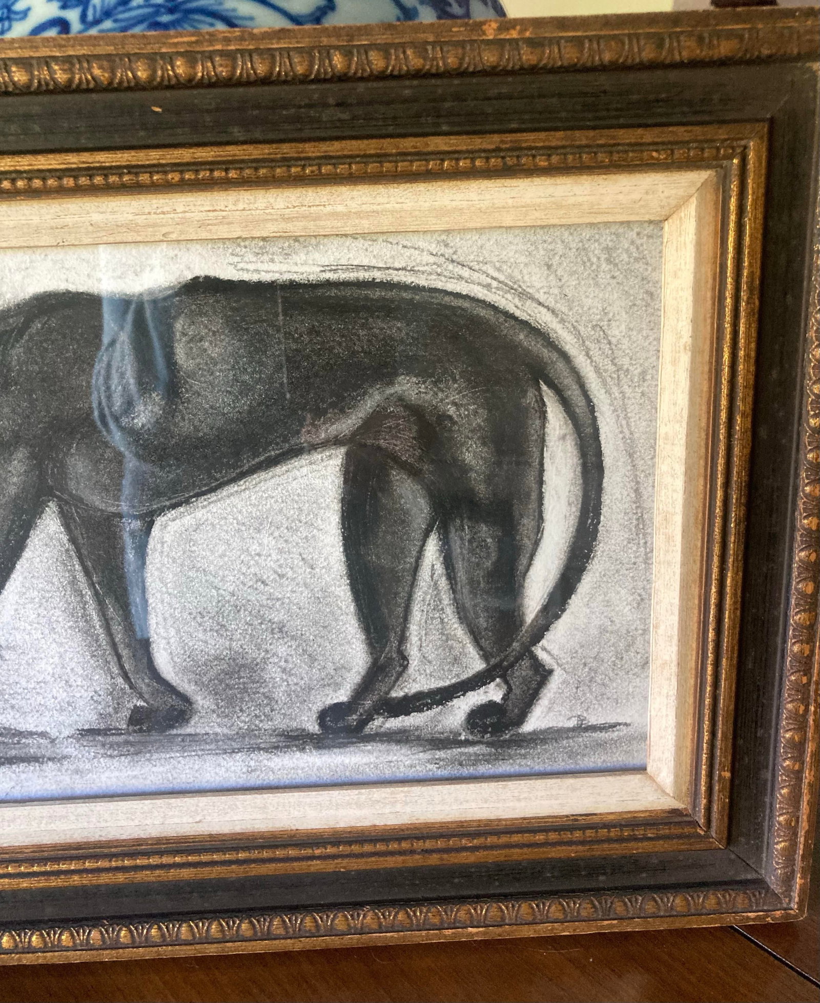Folk Art Style Original Framed and Signed Charcoal Drawing of a Black Cat - 2