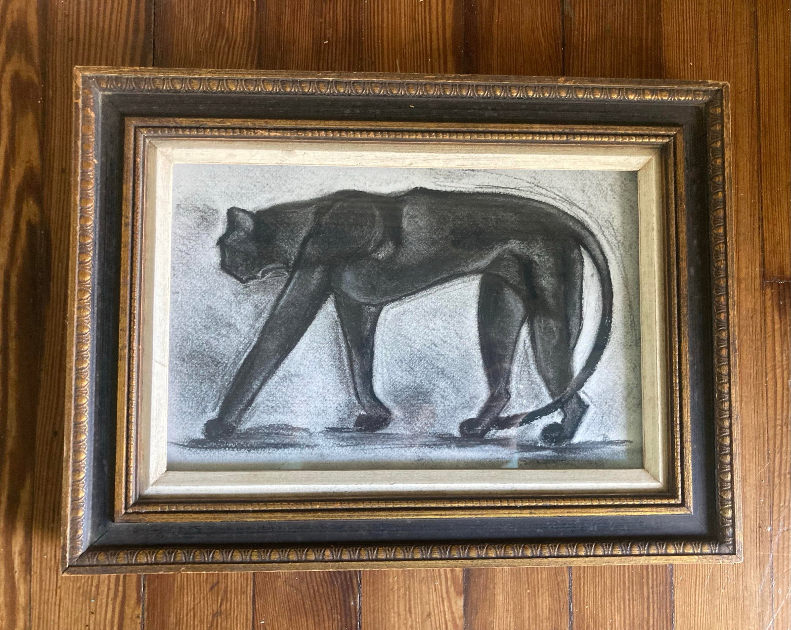 Folk Art Style Original Framed and Signed Charcoal Drawing of a Black Cat - 4