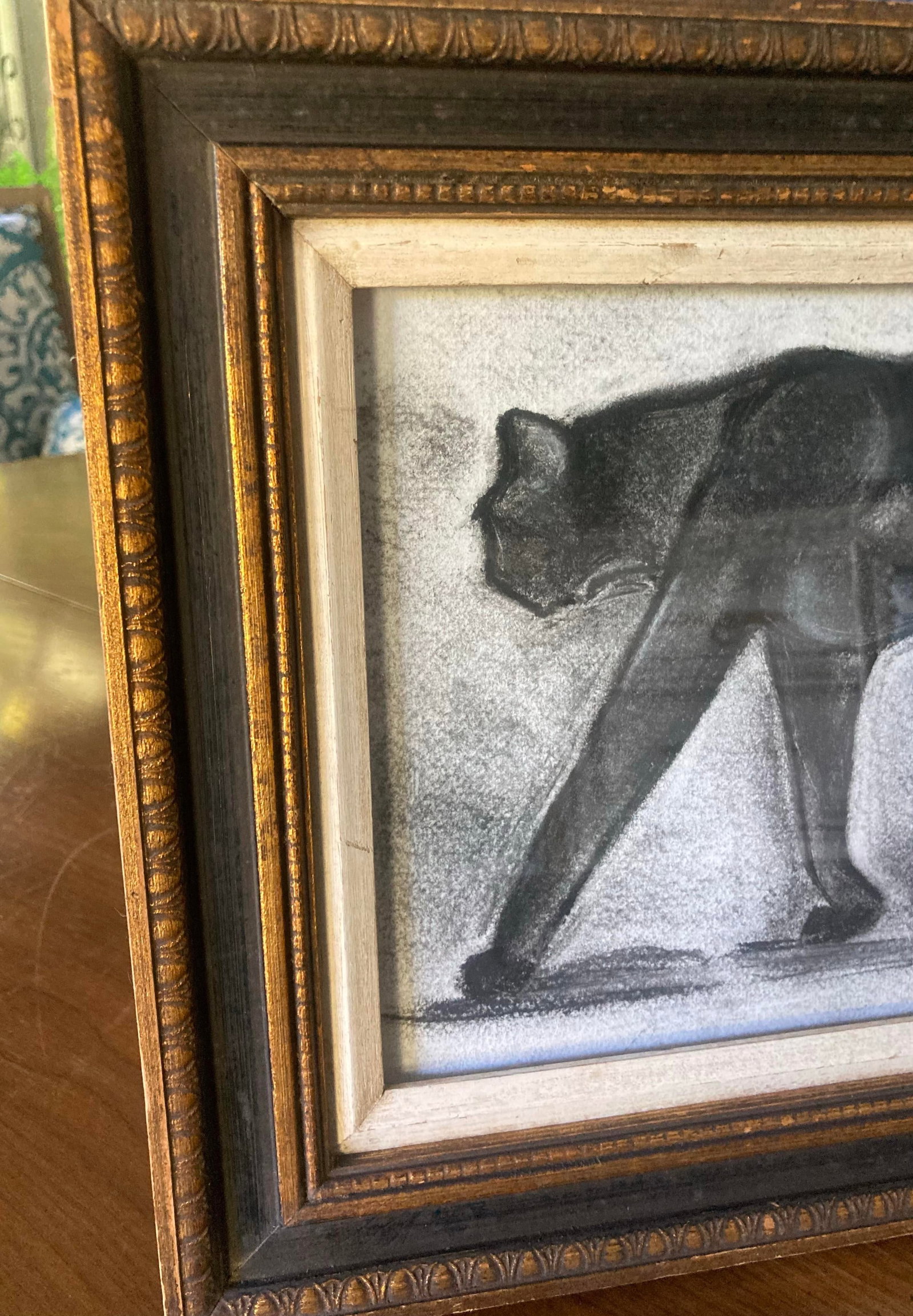 Folk Art Style Original Framed and Signed Charcoal Drawing of a Black Cat - 5