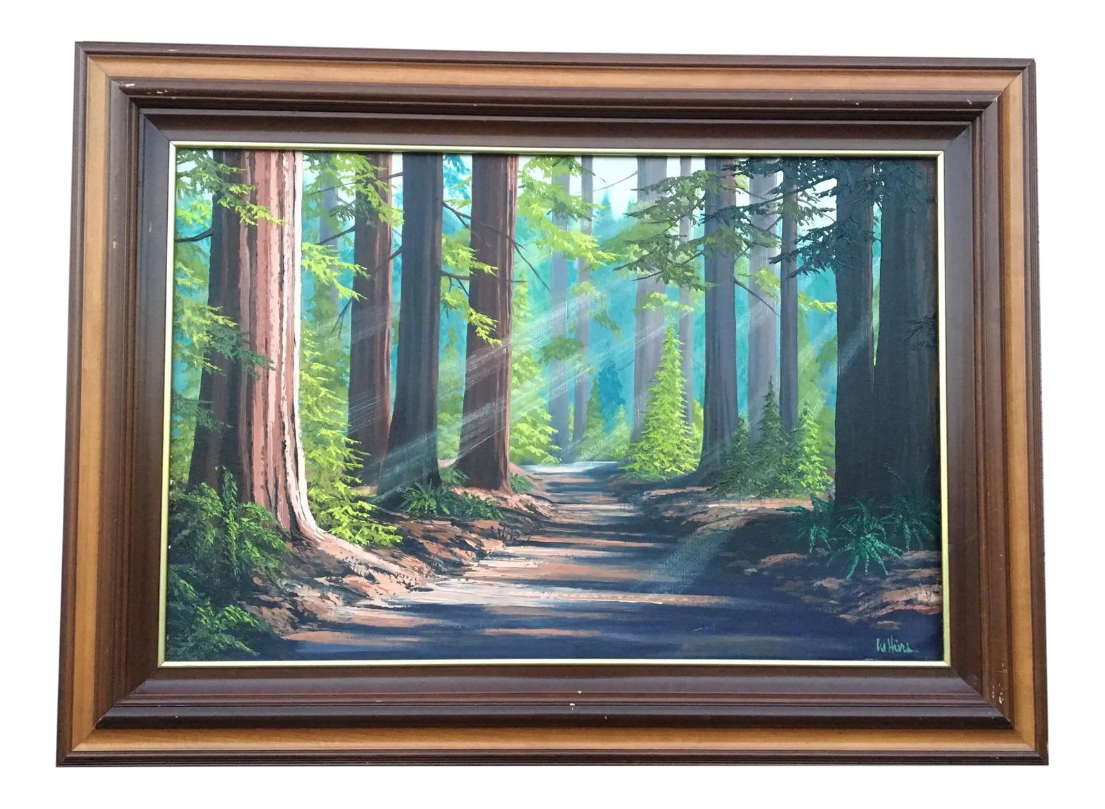 Late 20th Century Forest Landscape Acrylic Painting, Framed: Original acrylic landscape Painting. Features image of a vibrant lighted pathway through forest. Signed by artist on front. Wooden frame is included. Condition: Alterations: Original Condition