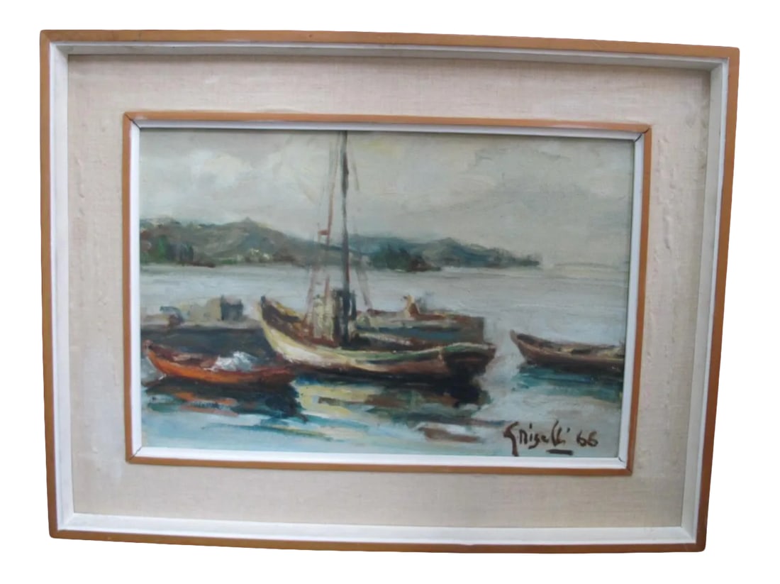 Ottone Griselli Italy "Barche a Ormeggio" Boats at Anchor Framed Oil Painting: Italian artist Ottone Griselli (1905 - 1984) oil painting on board titled "Barche a Ormeggio" or Boats at anchor. Frame measures 23 1/2" x 17 3/4", actual painting measures 17 1/2" x 11 1/2". Signed