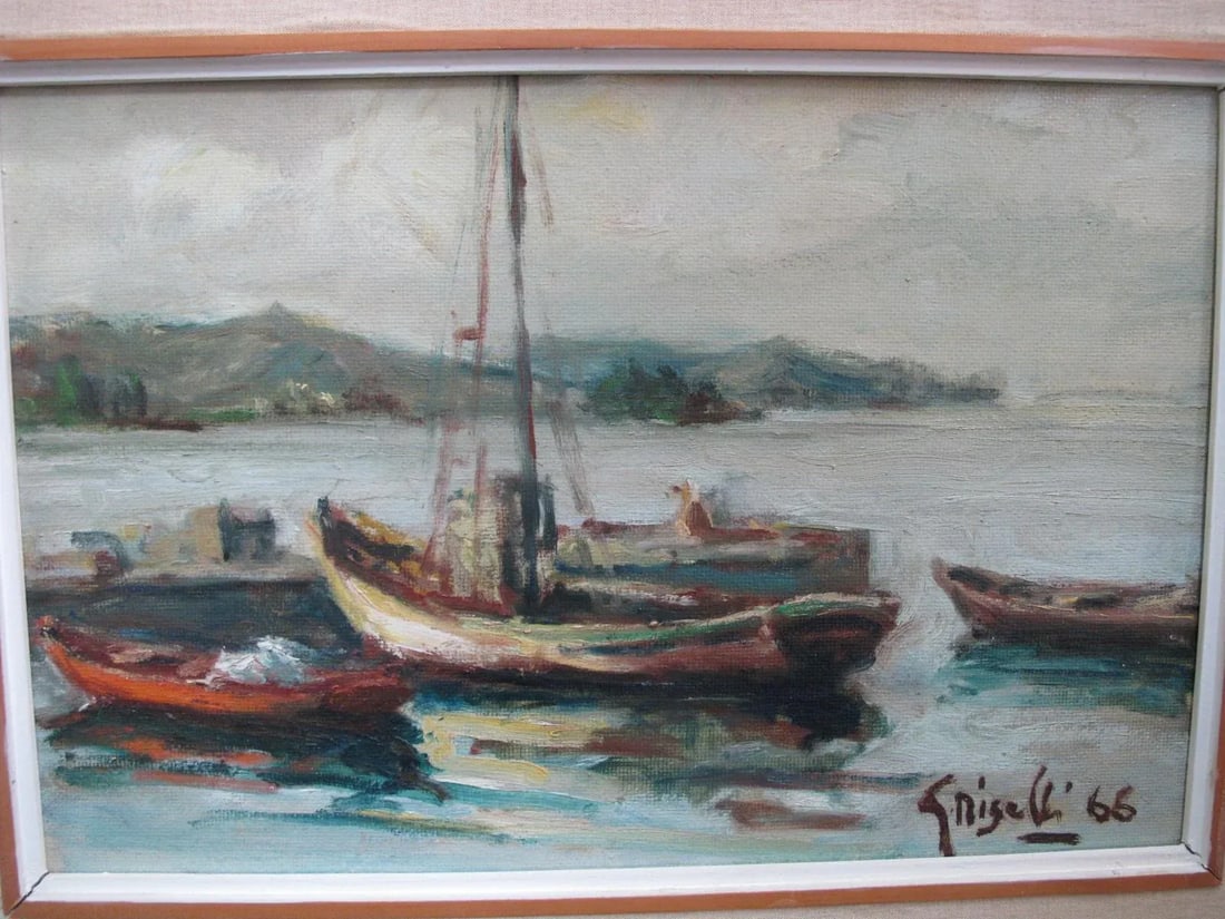 Ottone Griselli Italy "Barche a Ormeggio" Boats at Anchor Framed Oil Painting - 2