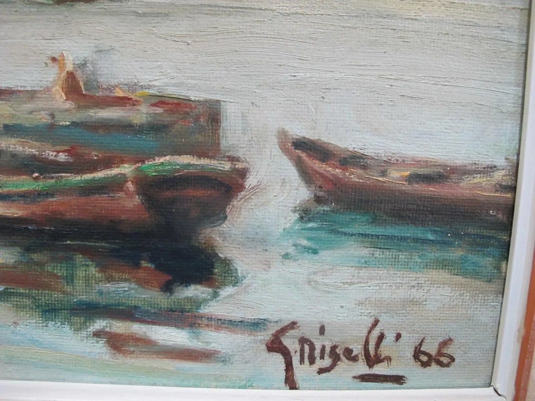 Ottone Griselli Italy "Barche a Ormeggio" Boats at Anchor Framed Oil Painting - 4