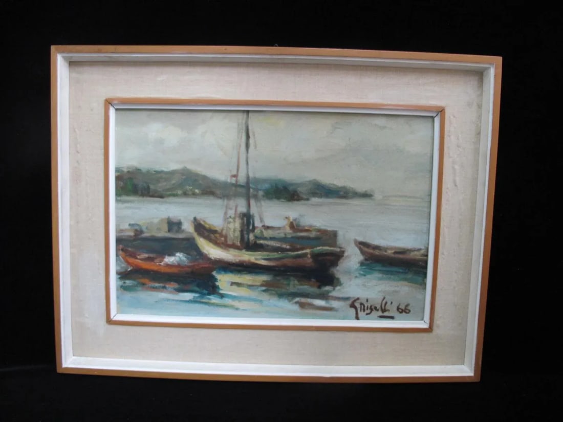 Ottone Griselli Italy "Barche a Ormeggio" Boats at Anchor Framed Oil Painting - 8