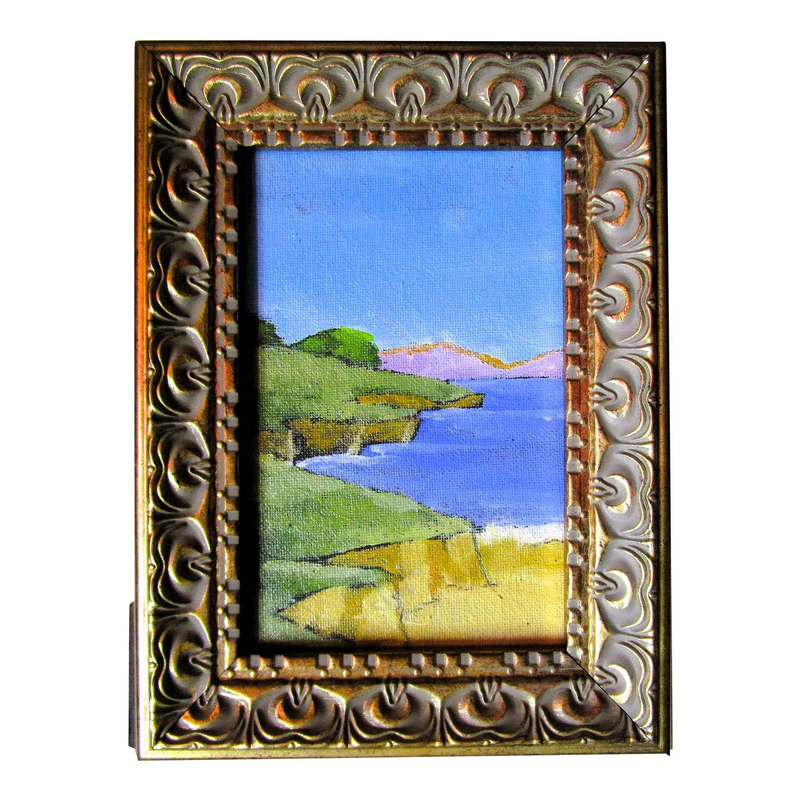 Framed 4x6 Monterey Bay Lynne French Pacific Landscape: Monterey Bay seascape landscape oil painting by Lynne French. The signed original painting measures 4x6 inches on prepared, archival canvas board and is framed as shown in a gold finished, 2 inch wide