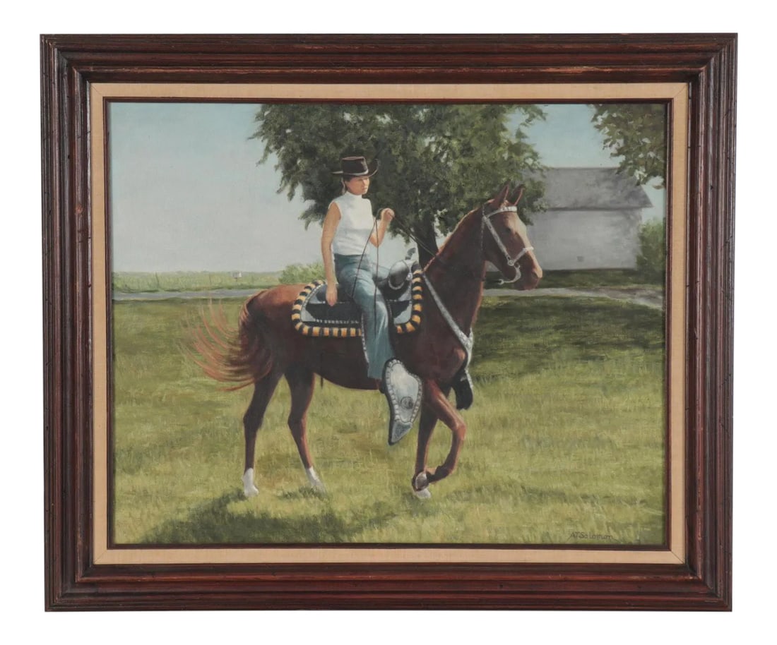 Vintage Impressionist Oil/Canvas - Equestrian Scene - Signed: Equestrian Scene Impressionist Untitled, late 20th century Oil painting on canvas Dimensions: 36.75" W x 33.0" H x 2.5" D (Frame); 29.5" W x 23.5" H (Sight). Signed "A.T. Solomon" to the lower right