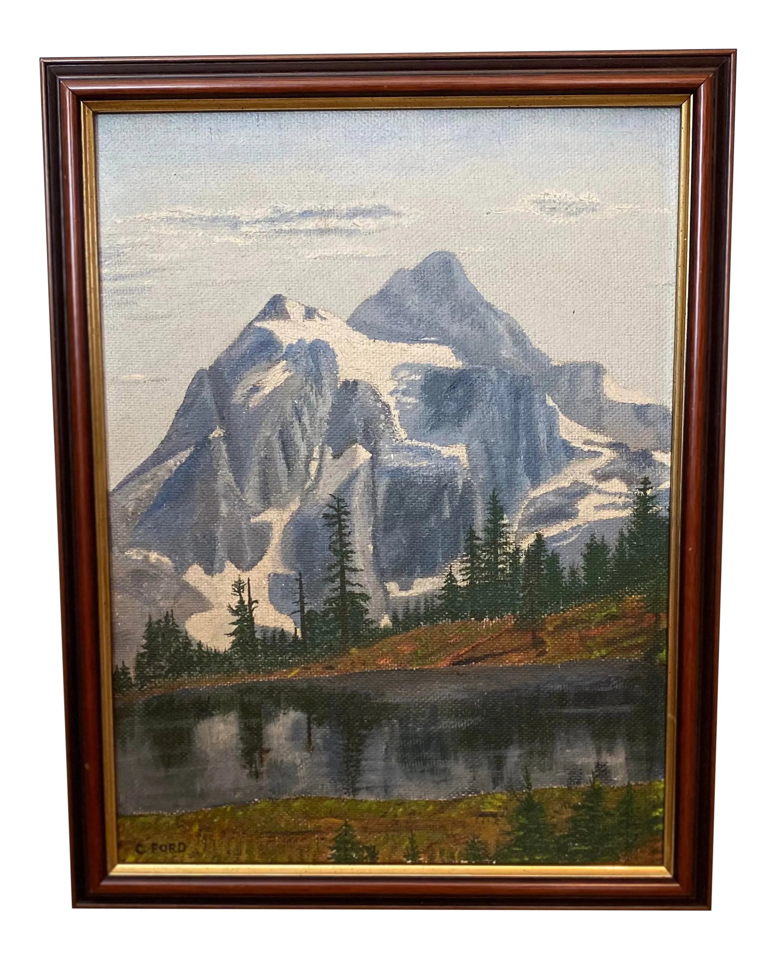 "High Sierras" Western Landscape Oil Painting, Framed: Nice vintage painting of what is most like.y the High Sierra Mountains in California. Oil on masonite measures 12" x 16", and with the frame, 14" x 18". Condition: Alterations: Original Condition Unal
