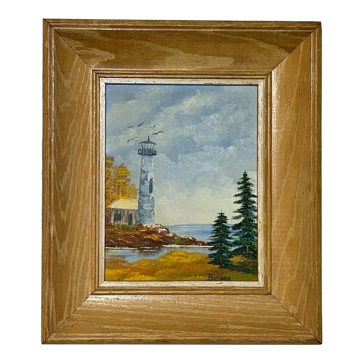 Vintage Lighthouse Coastal Seascape Framed Oil Painting on Masonite Board Signed Bushman: Up for sale is a Vintage Lighthouse Coastal Seascape Framed Oil Painting on Masonite Board Signed Bushman! It measures 14 13/16" tall, 12 13/16" wide, and 1 3/4" deep on the outside of the frame. The 