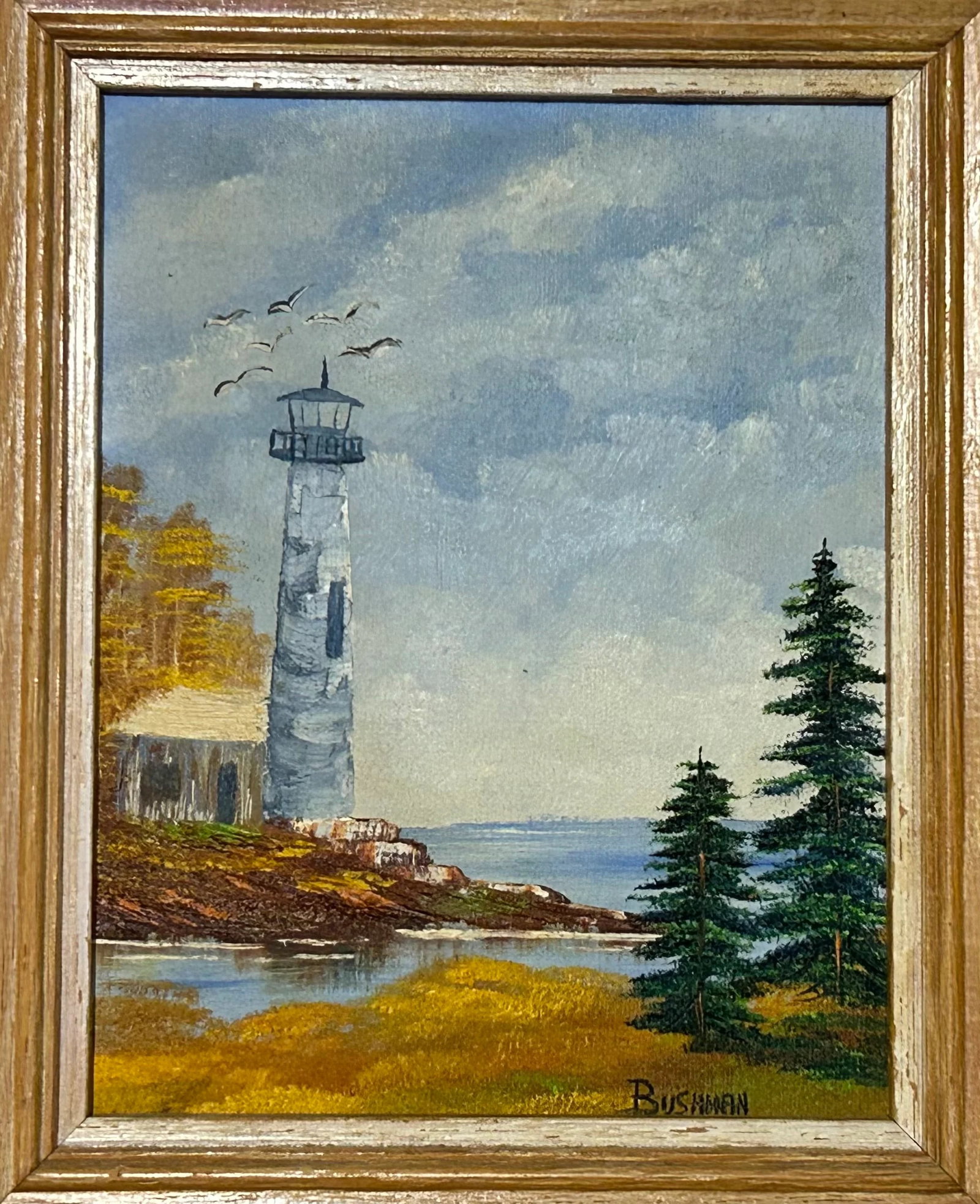 Vintage Lighthouse Coastal Seascape Framed Oil Painting on Masonite Board Signed Bushman - 2