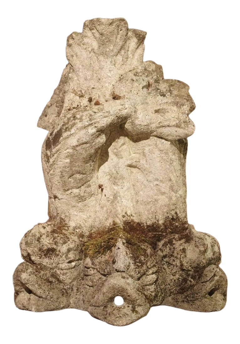 Antique French Stone Fountain Piece With Triple Dolphin Spouts, Circa 1900: This charming French fountain piece with triple dolphin spouts was made circa 1900. The dolphins are made from reconstituted stone, which is natural limestone stone that has been ground up into