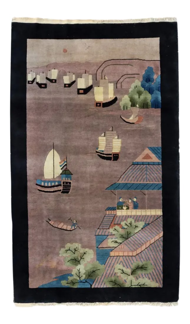 1940s Black Grey Green Blue Chinese Pictorial Area Rug with Boats: This is a lovely and rare antique Chinese Pictorial area rug handwoven in China in the 1940s and measures 4 x 6.6 ft. Condition: Alterations: Original Condition Unaltered Imperfections: Some