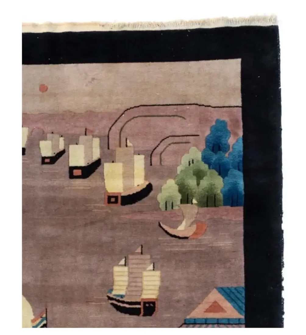 1940s Black Grey Green Blue Chinese Pictorial Area Rug with Boats - 2