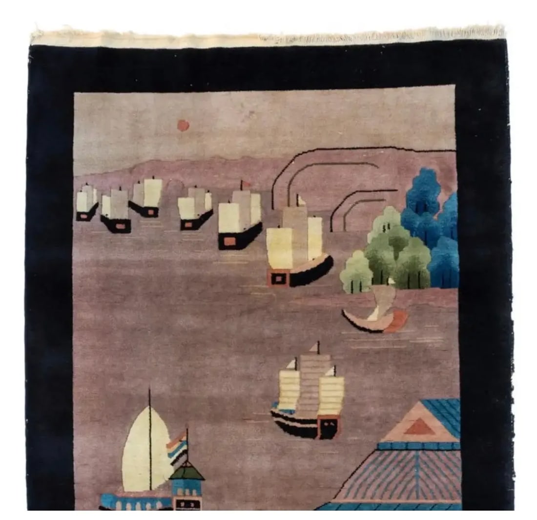 1940s Black Grey Green Blue Chinese Pictorial Area Rug with Boats - 3