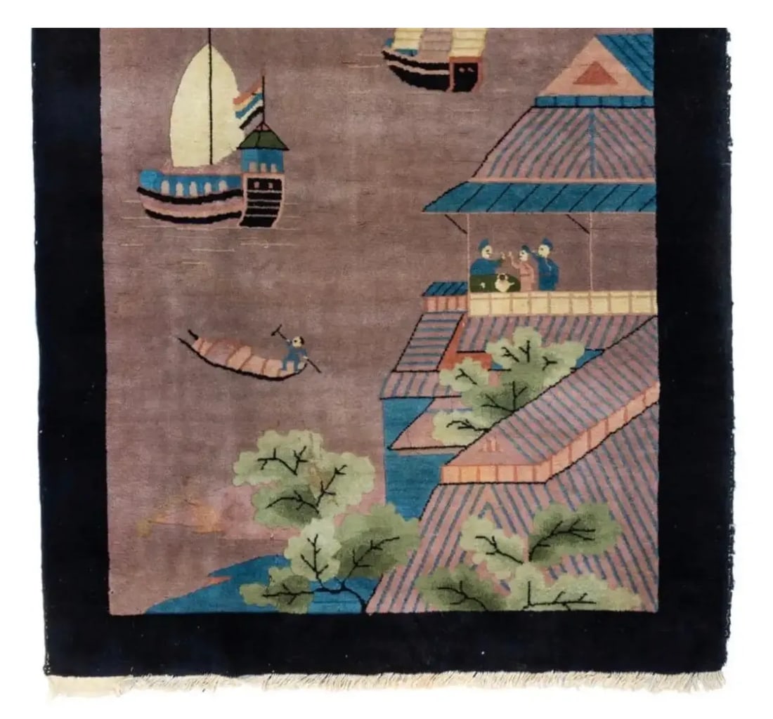 1940s Black Grey Green Blue Chinese Pictorial Area Rug with Boats - 4