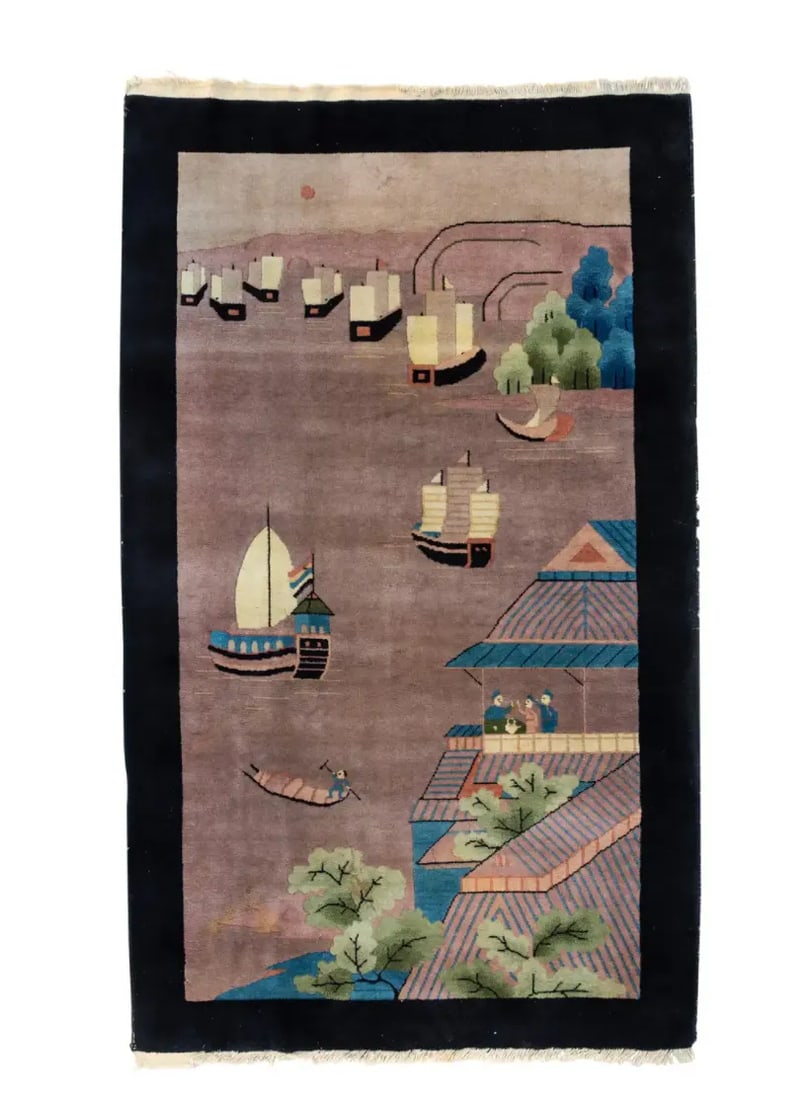 1940s Black Grey Green Blue Chinese Pictorial Area Rug with Boats - 5