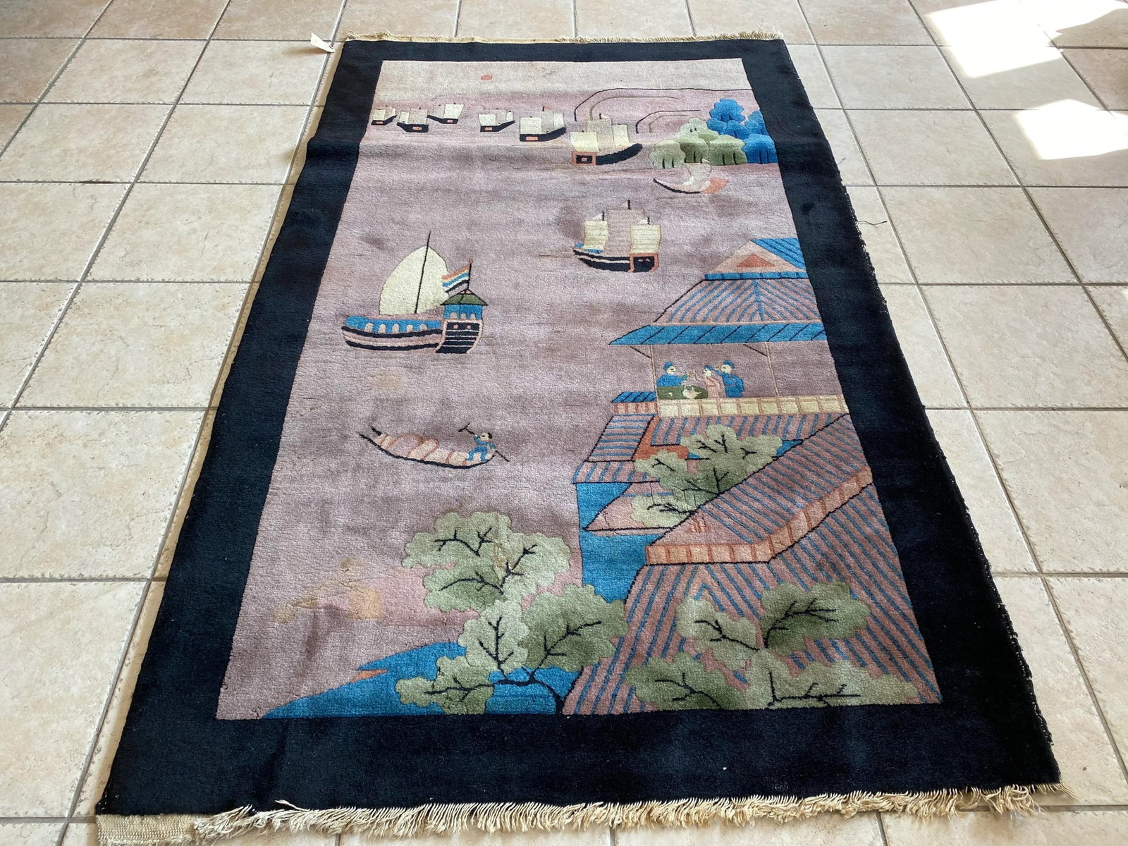 1940s Black Grey Green Blue Chinese Pictorial Area Rug with Boats - 6