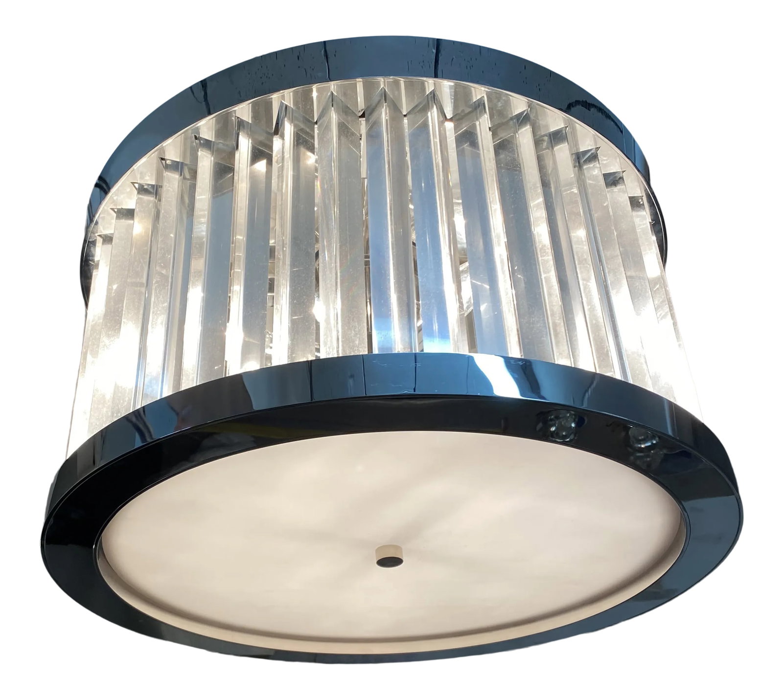 Alger Triton International Flush Mount Prism Fixture: This is a flush mount fixture made by Alger Triton International, where is was taken from a penthouse apt in NYC. This fixture is made of a polished nickel surrounded by individual glass prisms and a