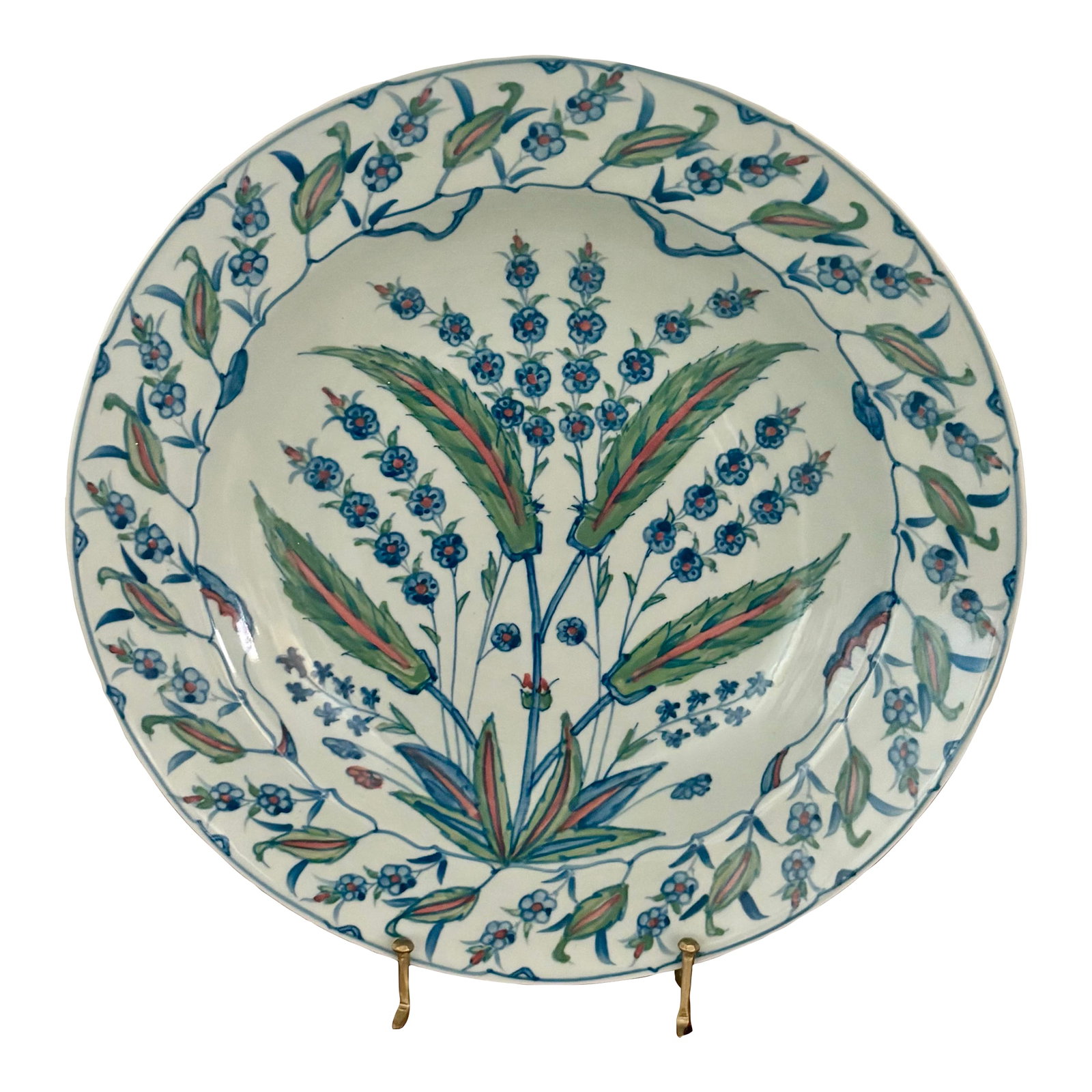 Blue / Green Porcelain Charger: Sizeable porcelain charger with detailed blue / green / red pattern. A beautiful statement piece for a mantle or shelf! Excellent condition. Dimensions: 16.5" h, 16.5" w, 2.75" d Condition: