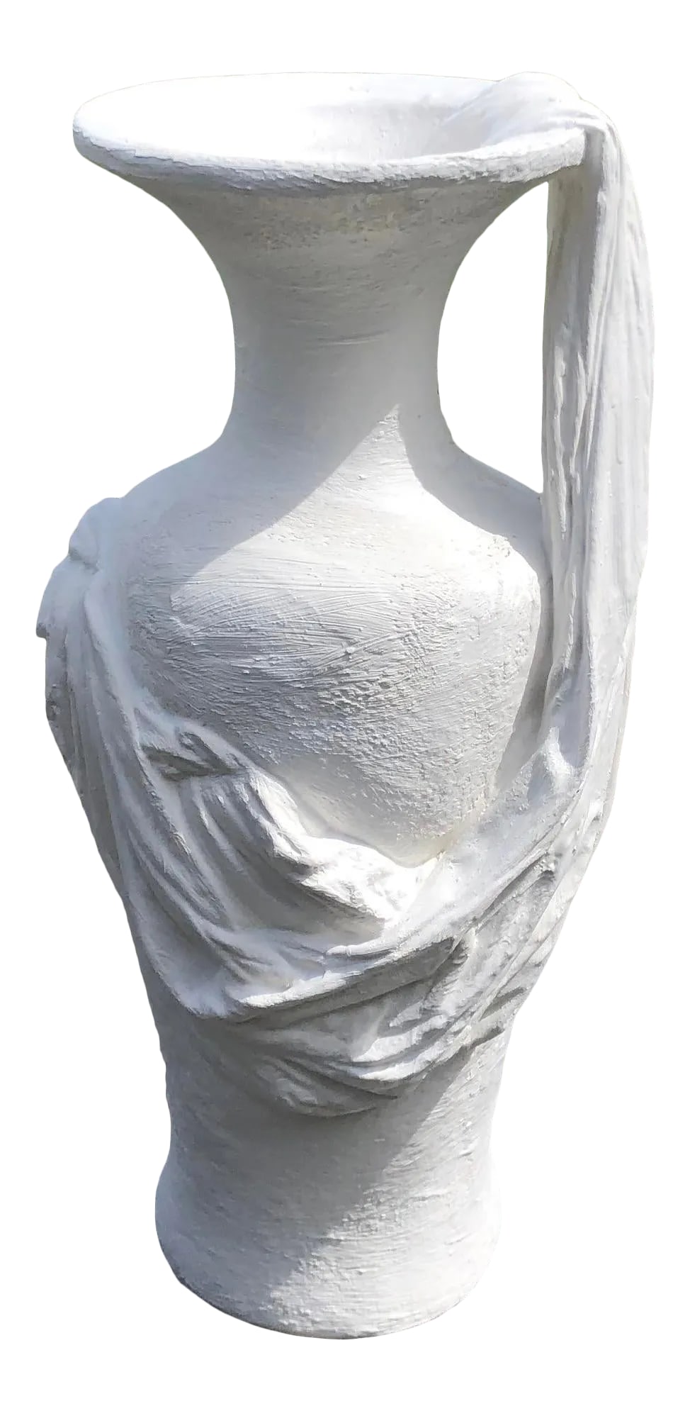 1980s Dickinson Style Postmodern Trompe l'Oeil Draped Plaster Urn: Monumental plaster urn vessel with tompe l'oeil draped cloth in the manner of John Dickinson. Crisp and elegant lines abound in this stunning decorative statement vase. Condition: Alterations: