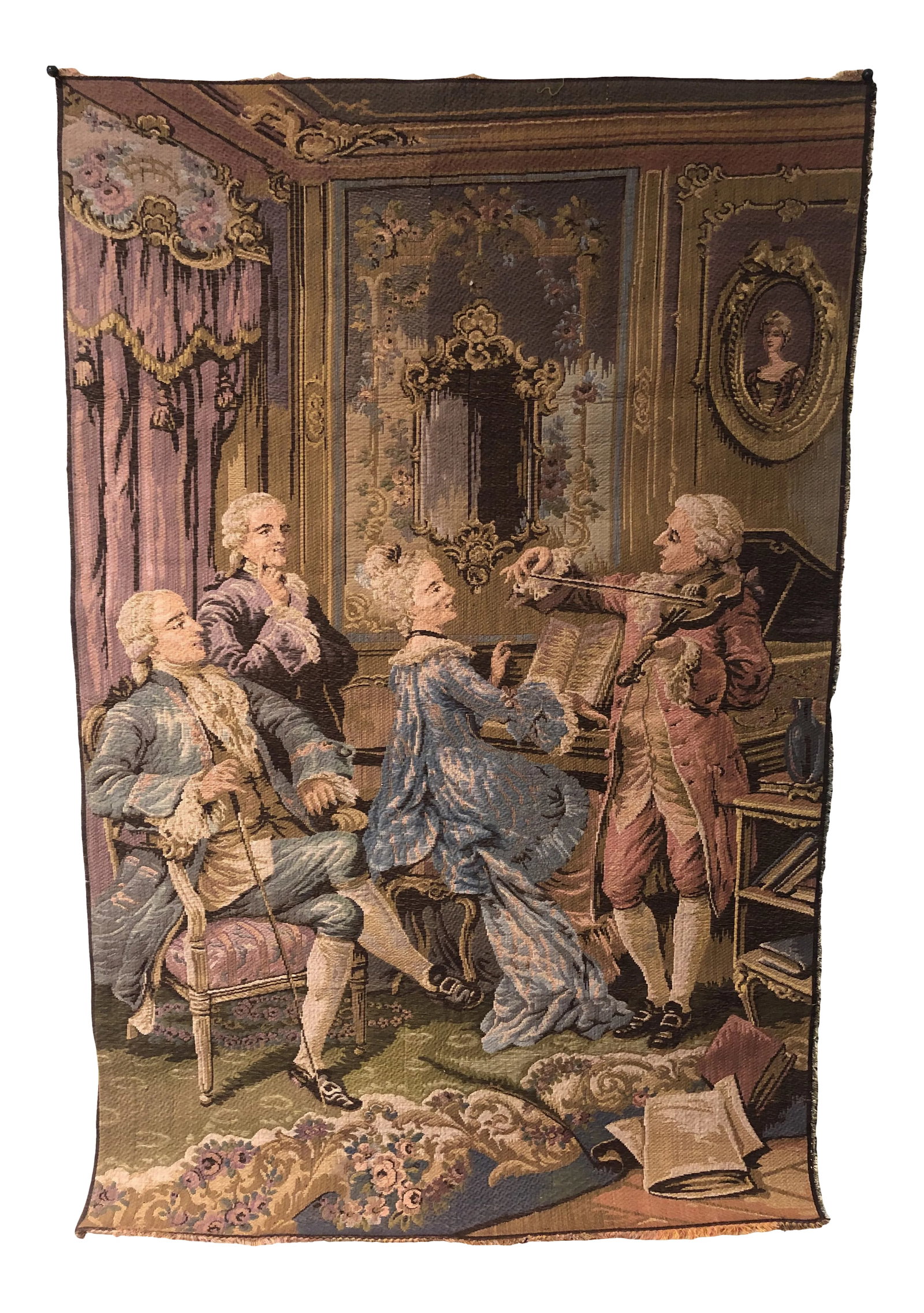 Mid 20th Century French Tapestry Wall Hanging: Lovely french tapestry in excellent condition! Depicts a scene of entertaining. Condition: Alterations: Original Condition Unaltered Imperfections: Some Imperfections Condition Notes: A couple of loos