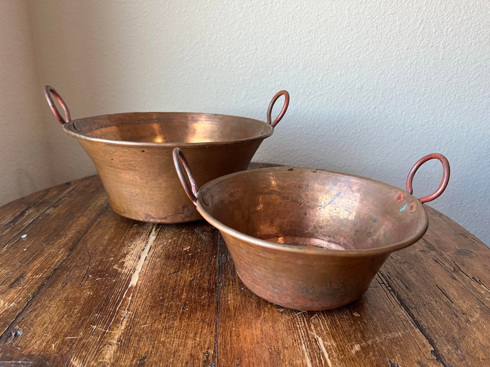 Set of 2 - Antique Hammered Copper Kettle Pot, Jam Pot or Pan With Handles - 10