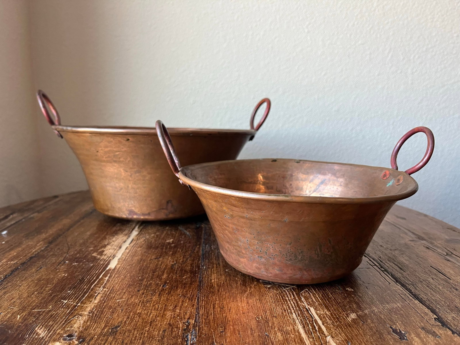 Set of 2 - Antique Hammered Copper Kettle Pot, Jam Pot or Pan With Handles - 2
