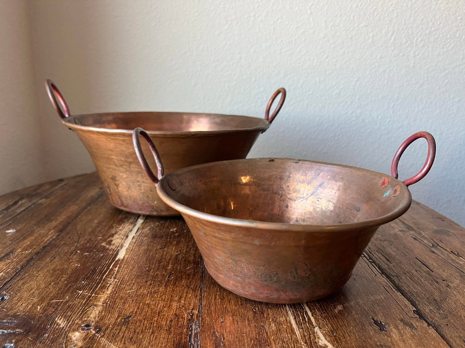 Set of 2 - Antique Hammered Copper Kettle Pot, Jam Pot or Pan With Handles - 3