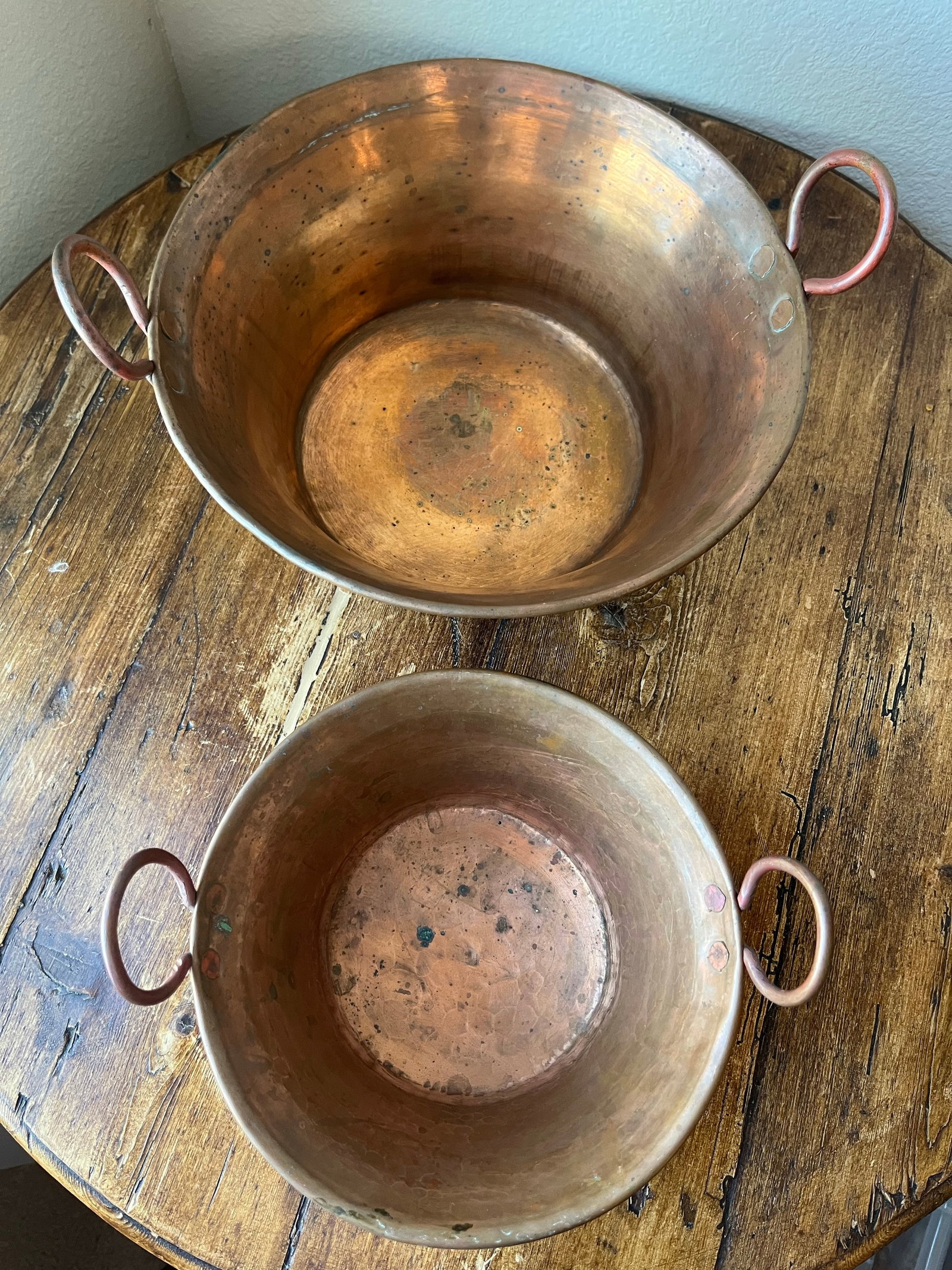 Set of 2 - Antique Hammered Copper Kettle Pot, Jam Pot or Pan With Handles - 4