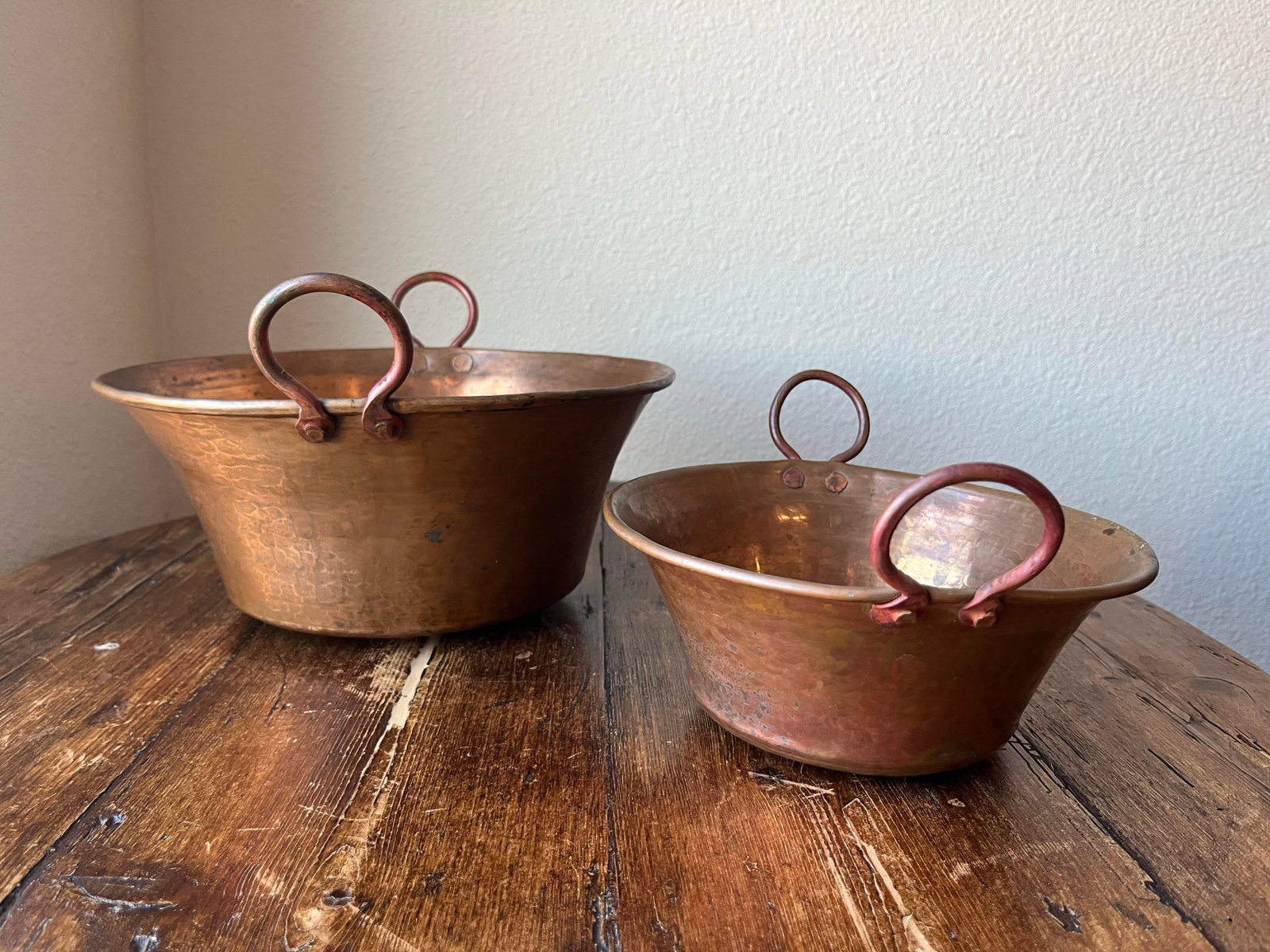 Set of 2 - Antique Hammered Copper Kettle Pot, Jam Pot or Pan With Handles - 5