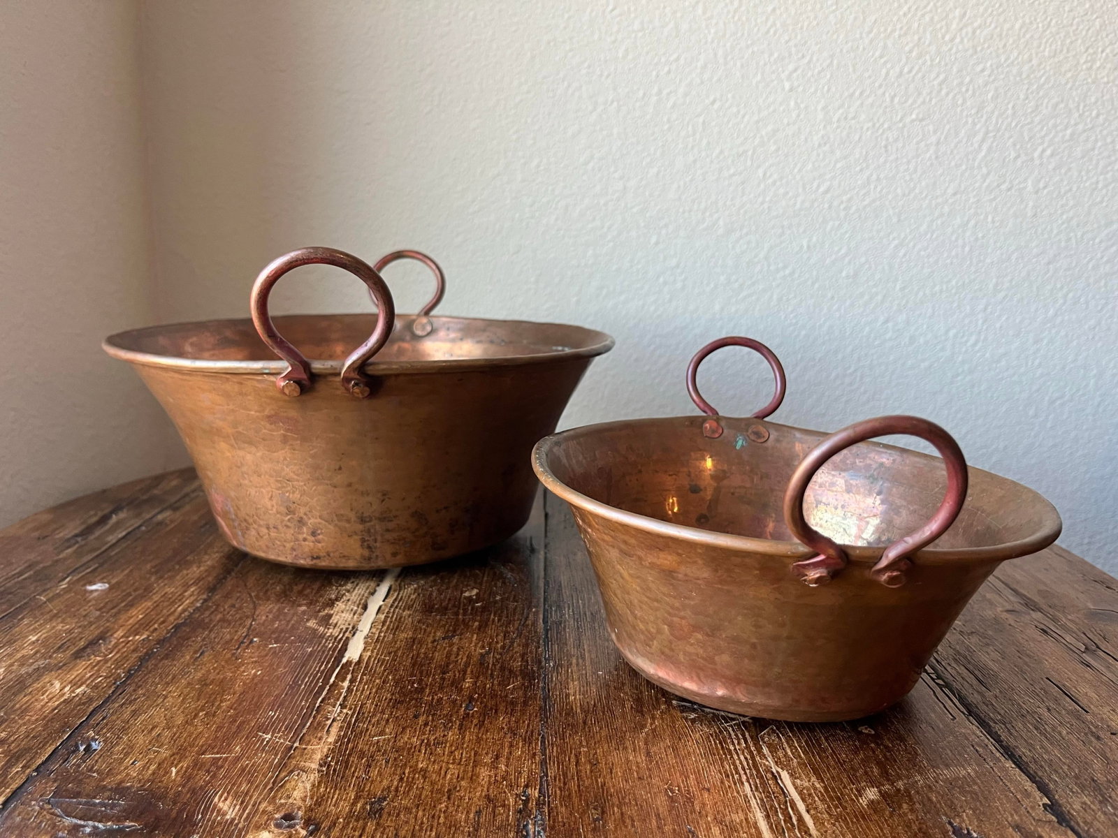 Set of 2 - Antique Hammered Copper Kettle Pot, Jam Pot or Pan With Handles - 6