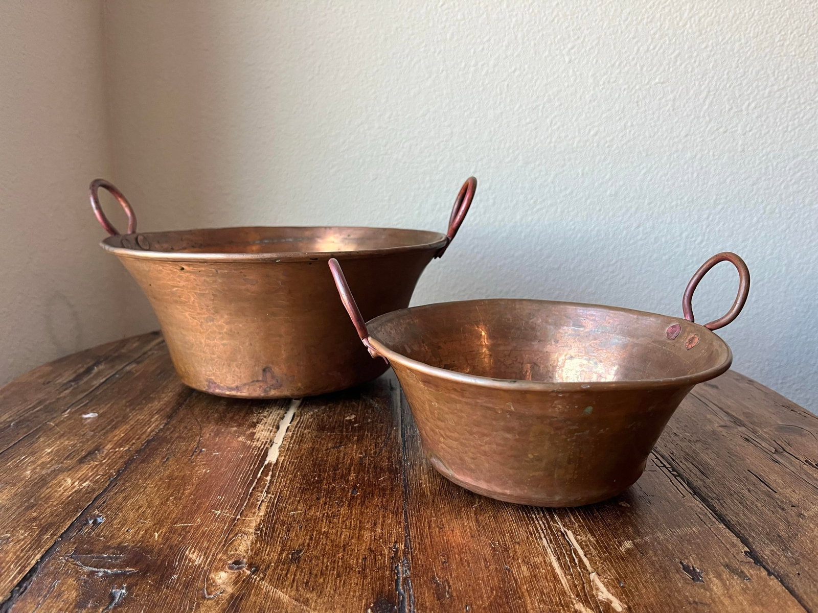 Set of 2 - Antique Hammered Copper Kettle Pot, Jam Pot or Pan With Handles - 7