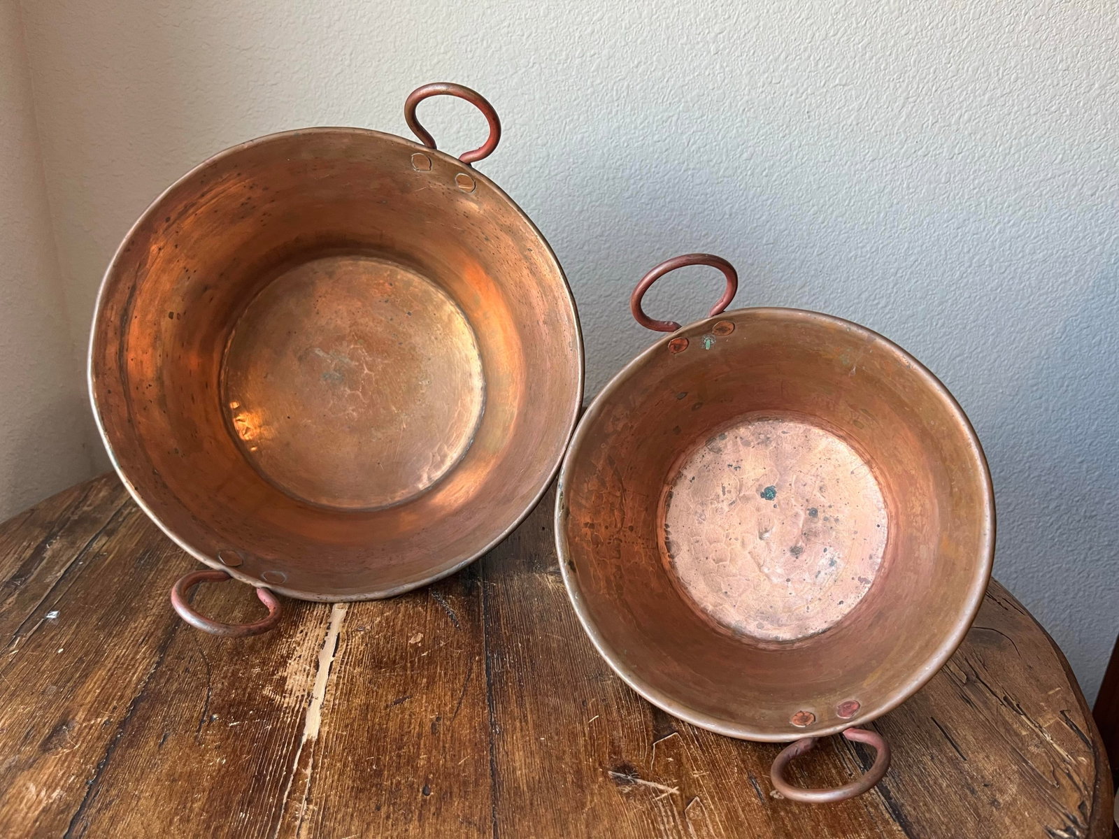 Set of 2 - Antique Hammered Copper Kettle Pot, Jam Pot or Pan With Handles - 8