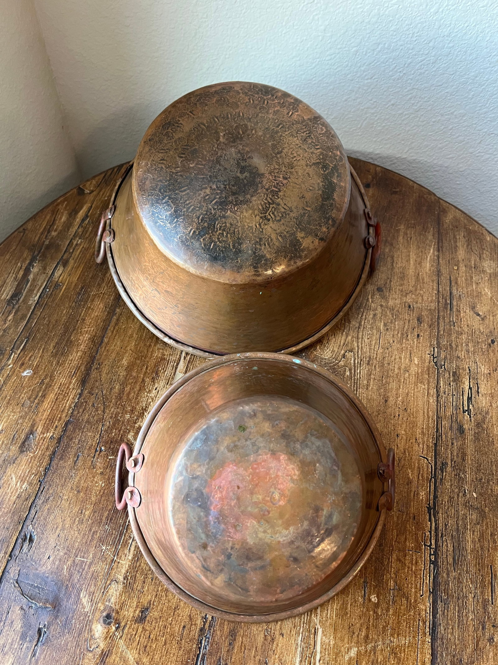 Set of 2 - Antique Hammered Copper Kettle Pot, Jam Pot or Pan With Handles - 9
