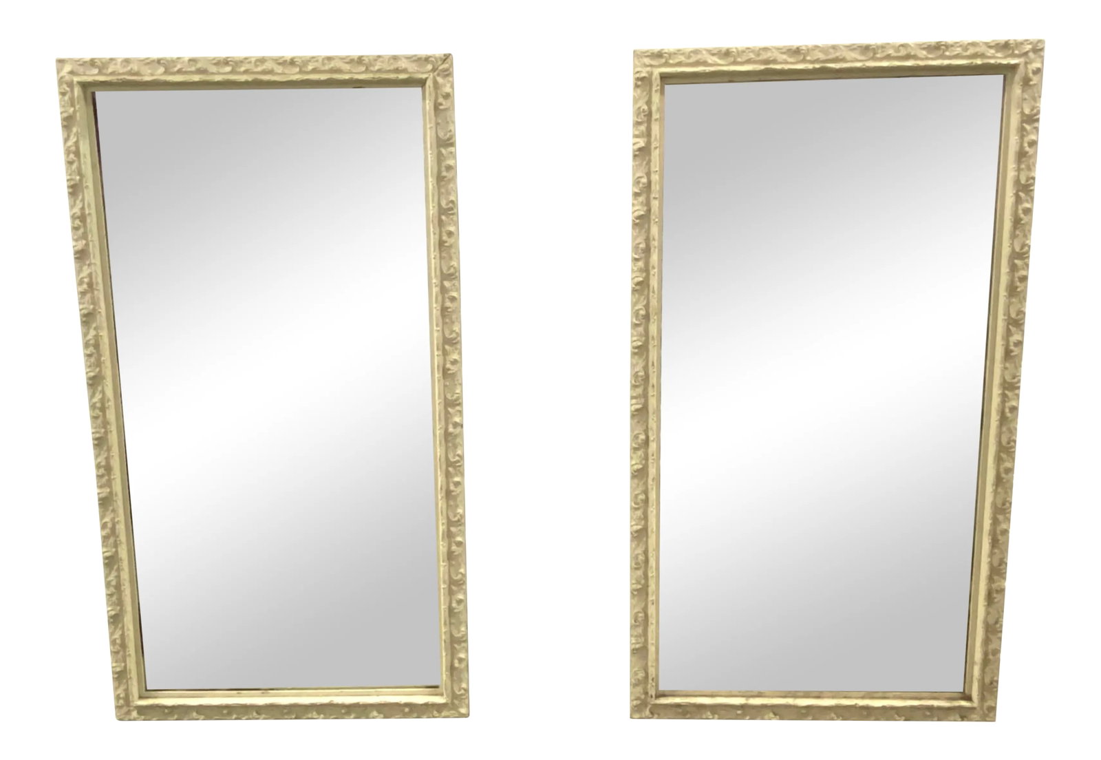 Antique White Carved Wood Wall Mirrors - a Pair: Most likely manufactured in the early 1900's, this pair of white framed mirrors is outstanding. The frame is not plaster or thermoplastic but actual carved wood. And the mirror glass itself is at