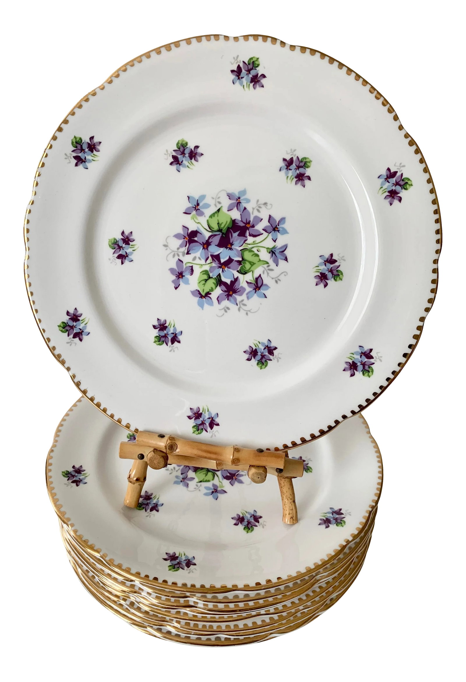 Royal Stafford Sweet Violets Gold Edge Salad Plates - Set of 10: Lovely set of 10 bone china salad plates. A crisp white background accented with hand painted violet flowers and a scalloped gold edge. Crafted in England. Condition: Alterations: Original Condition U