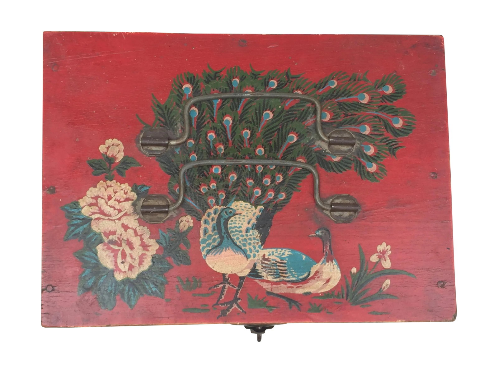 Asian Hand-Painted Vintage Keepsake Box: Antique wood keepsake/jewelry box with hand-painted peacocks and flowers. Made by the Yao hill tribe of Hunan province. Some wear and chips. Condition: Condition Notes: Fair - Has lived a "full life" 