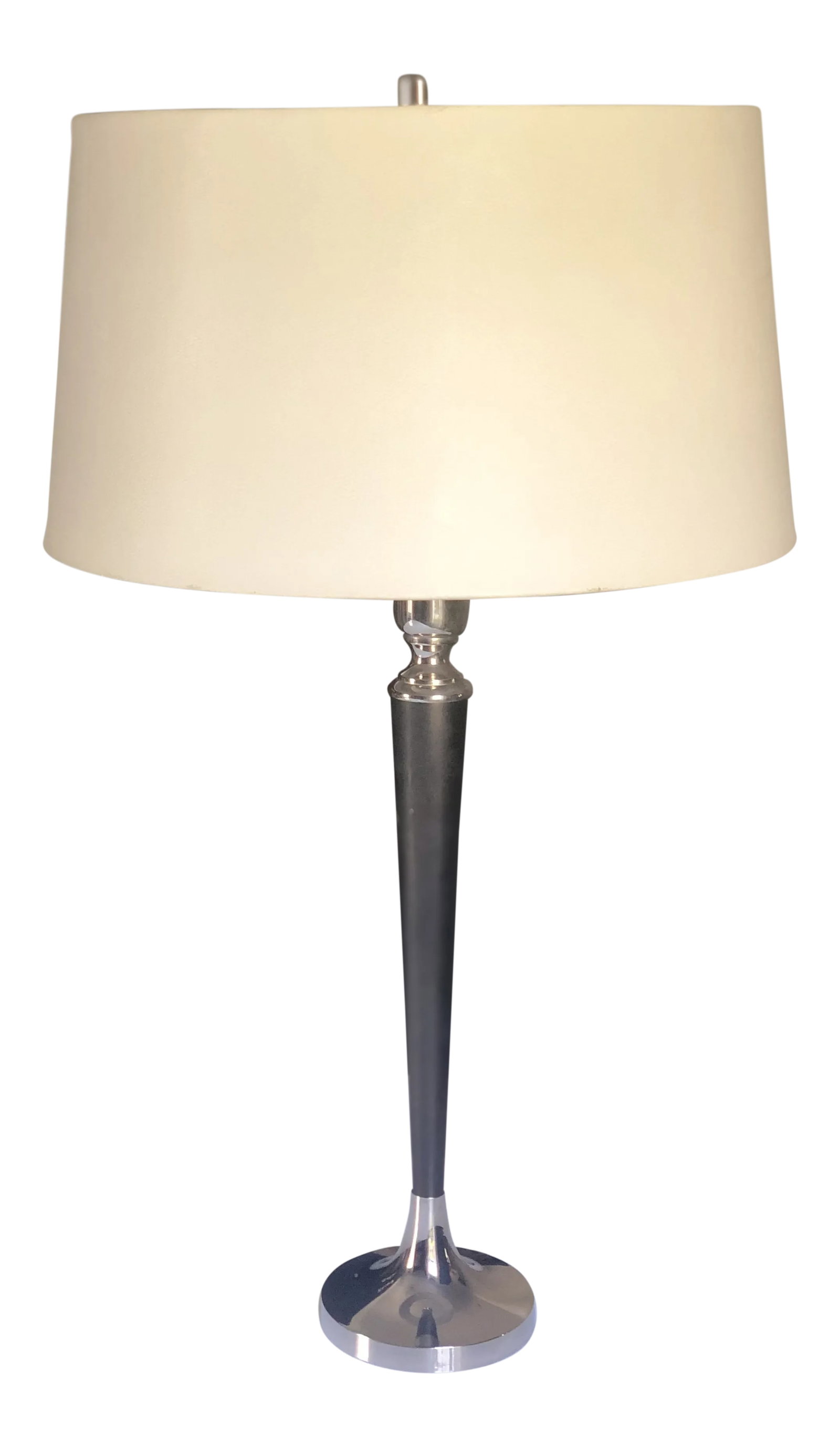 Tanner & Kenzie for Arteriors Home Silver-Plated Tulip Faux Shagreen Lamp: Mid-century style tulip base with silver plated and black finish. Original harp and faux shagreen shade with silver interior; some minor wear to shagreen finish around edges and interior crinkling to