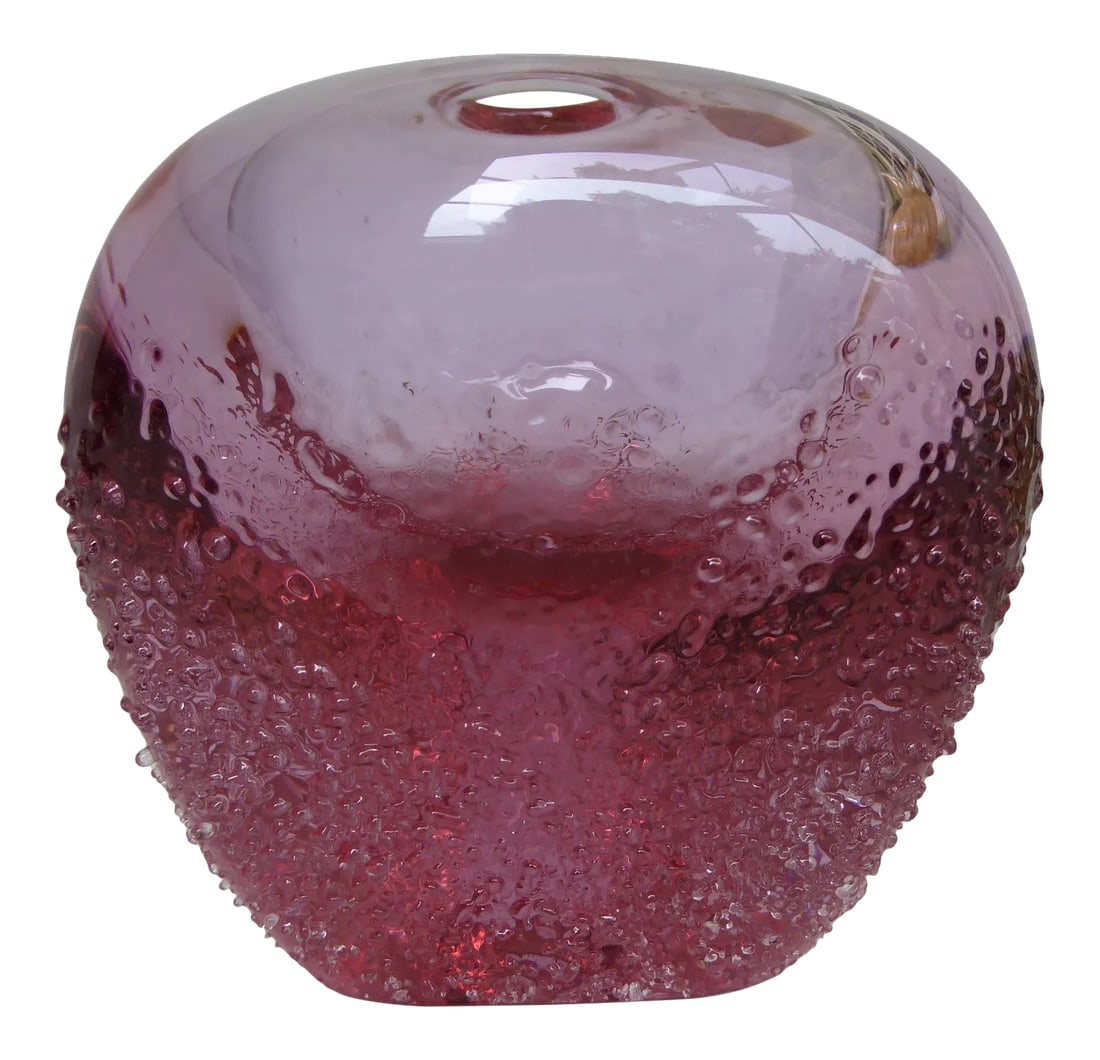 1970s Pink Colored Crystal Textured Bud Vase Zeleznobrodske Sklo Glassworks, Zbs Czechoslovakia: Exceptional Mid-Century Modern Pink colored crystal Bud Vase defined by a highly textured base, possibly created by Jan Gabhler. The bottom half of the small vase has a granular finish while the top