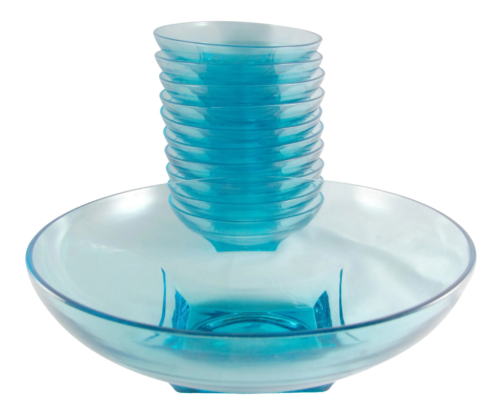 Mid Century Turquoise Blue Atomic Glass Salad Barware Serving Set - 11 Piece Set: Hazel Atlas Turquoise Capri Colonial Glass Salad Serving Eleven piece set includes one serving bowl and ten individual bowls Overall excellent vintage condition! One 1/16" chip on the outside rim of