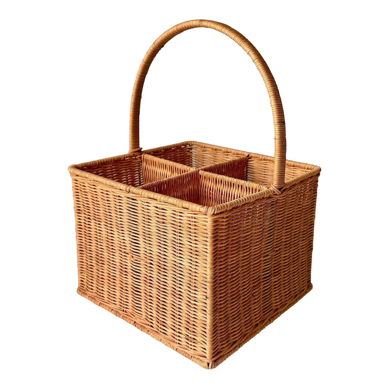 1970s Wicker Utensil Caddy: Vintage 1970s four quadrant wicker utensil caddy on iron frame. Condition: Alterations: Original Condition Unaltered Imperfections: Some Imperfections Condition Notes: The carrier has four compartment
