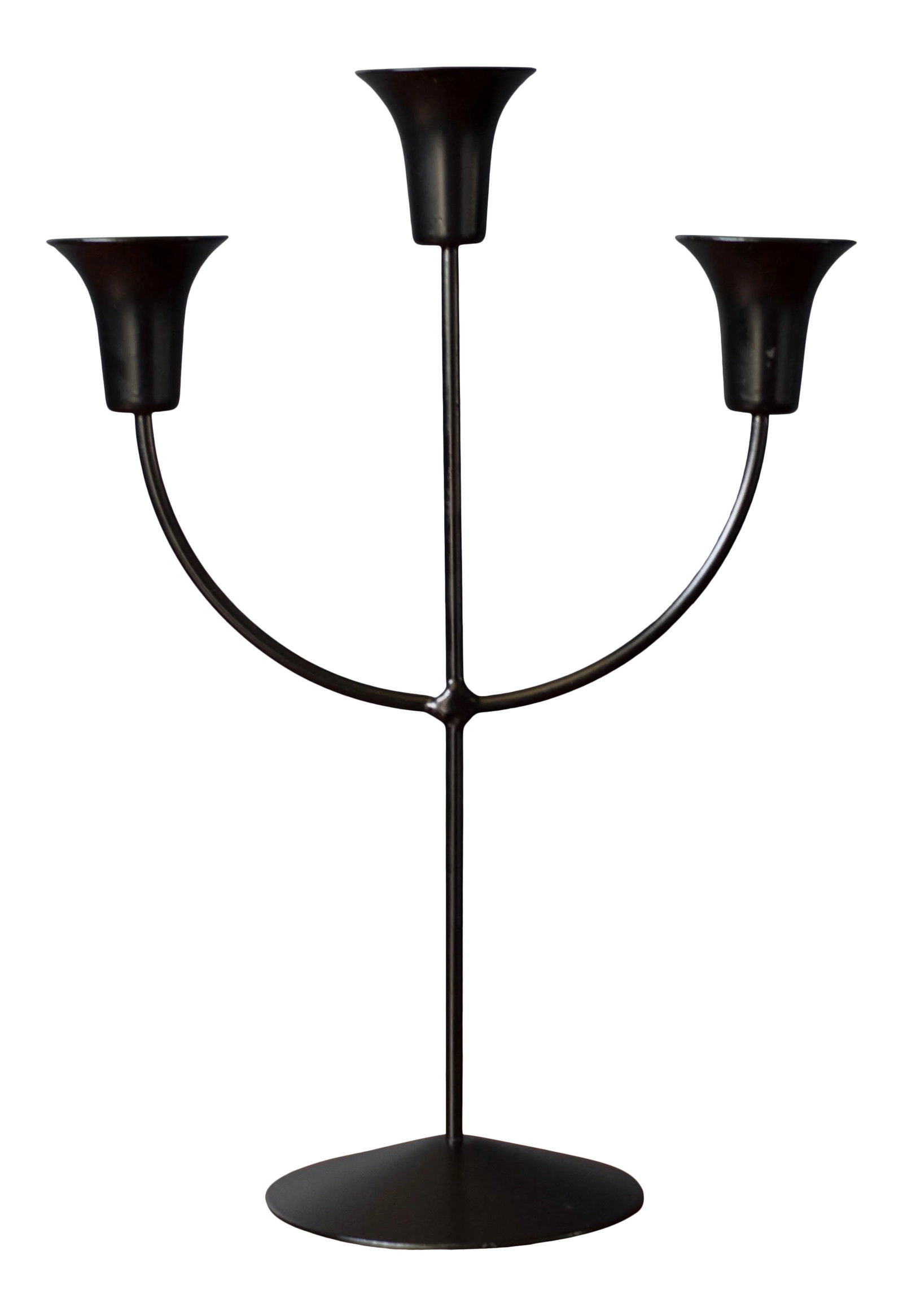 Mid-Century Modern Sculptural Candleholder: Vintage sculptural candelabra marked Boda Shop, Sweden, circa 1970s. This unique piece has a black metal finish and holds up to three taper candles. Condition: Alterations: Original Condition