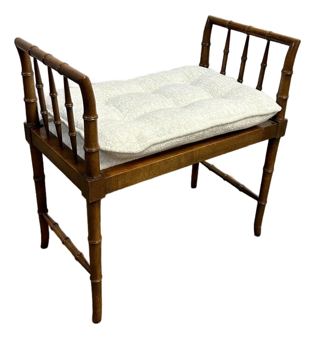 Mid 20th Century Faux Bamboo Baker Furniture Bench: Mid 20th Century faux bamboo window bench by Baker Furniture with new upholstery. Very good condition. Condition: Alterations: Original Design Modified Imperfections: Some Imperfections Condition Note