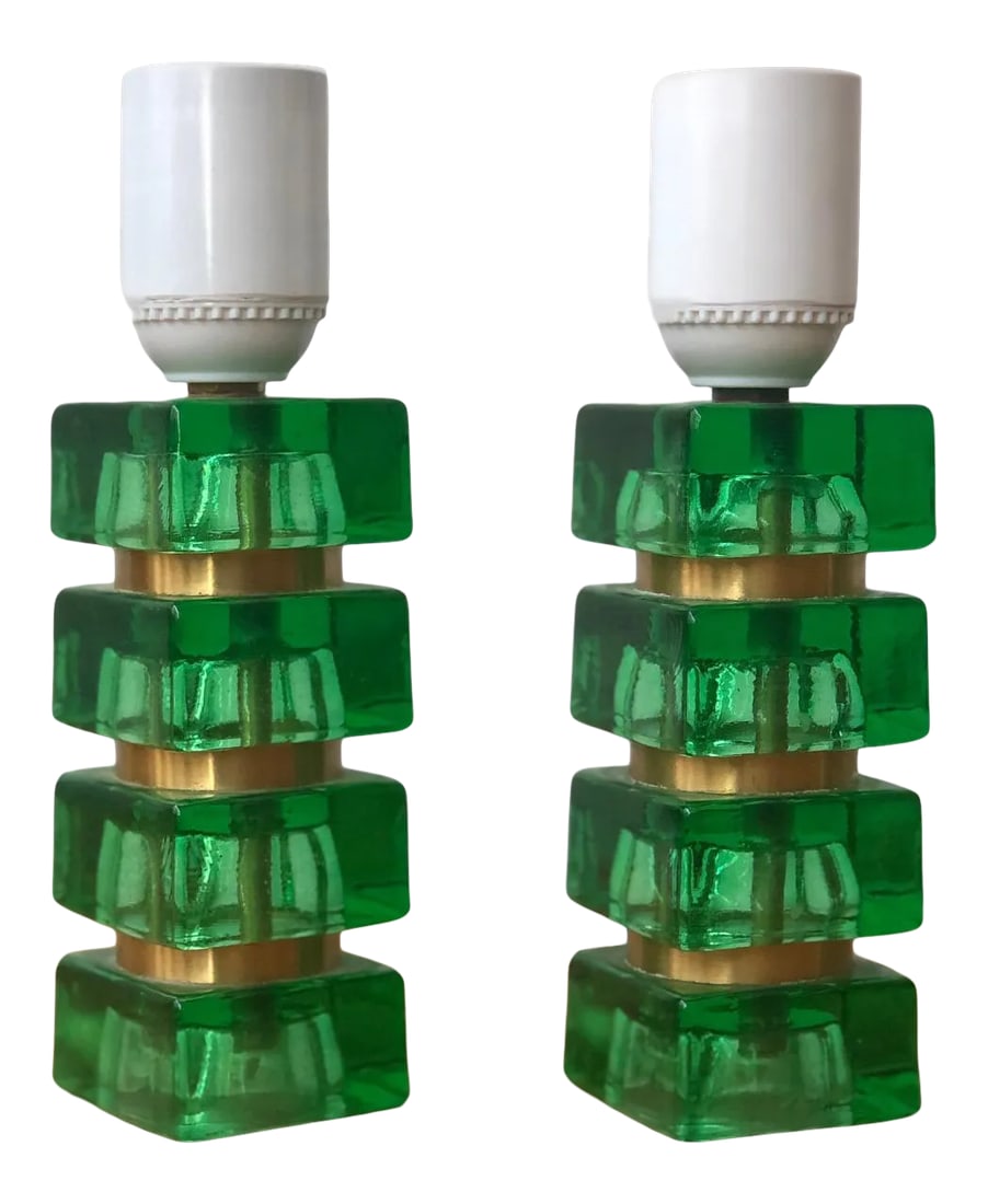 1960s Mini Green and Gold Table Lamps by Orrefors - a Pair: A pair of miniature table lamps in green glass by Orrefors, Sweden, Circa 1960th. Existing wiring, rewiring available. Glass base heigh 5" excluded socket. Lamp shades not included. Condition: Alterat